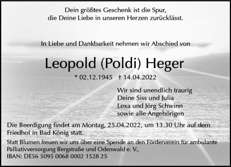  Traueranzeige für Leopold Heger vom 23.04.2022 aus vrm-trauer Odenwälder Echo