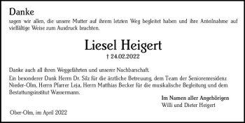 Traueranzeige von Liesel Heigert von vrm-trauer AZ Mainz