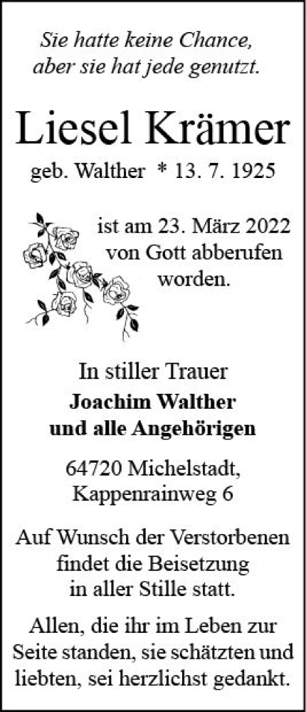  Traueranzeige für Liesel Krämer vom 02.04.2022 aus vrm-trauer Odenwälder Echo
