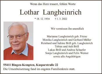 Traueranzeige von Lothar Langheinrich von vrm-trauer Allgemeine  Zeitung Ingelheim-Bingen