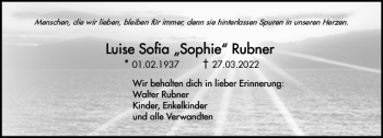 Traueranzeige von Luise Sofia Rubner von vrm-trauer Wiesbadener Kurier