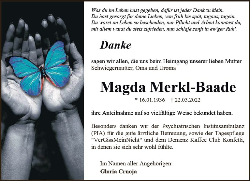  Traueranzeige für Magda Merkl-Baade vom 16.04.2022 aus vrm-trauer AZ Mainz