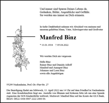 Traueranzeige von Manfred Binz von vrm-trauer AZ Mainz