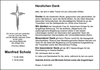 Traueranzeige von Manfred Scholz von vrm-trauer Allgemeine  Zeitung Ingelheim-Bingen
