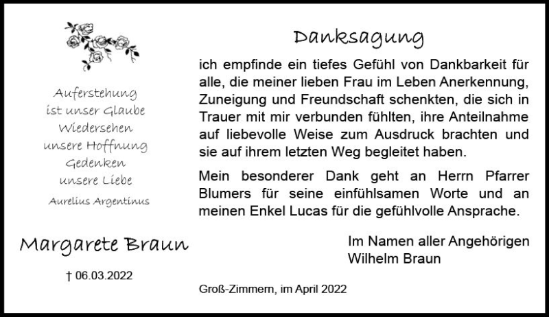  Traueranzeige für Margarete Braun vom 09.04.2022 aus vrm-trauer DieburgerAnzeiger/Groß-Zimmerner Lokala