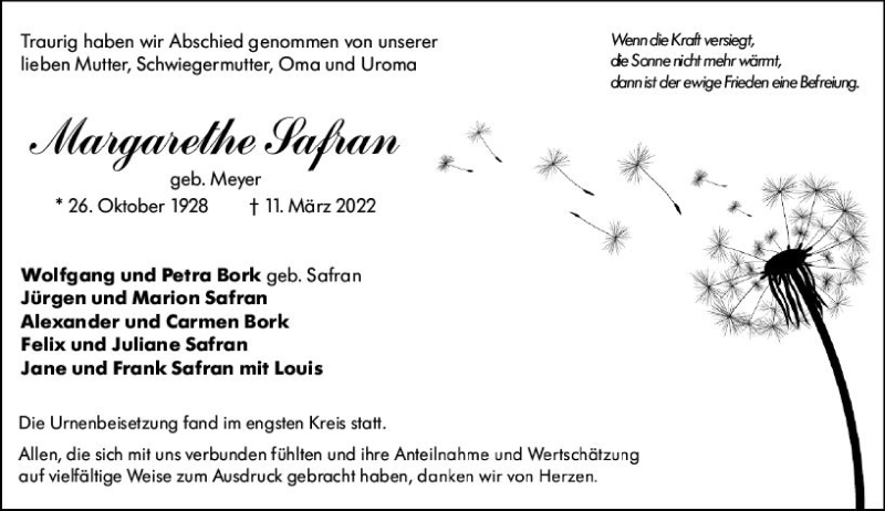  Traueranzeige für Margarethe Safran vom 02.04.2022 aus vrm-trauer Wiesbadener Kurier