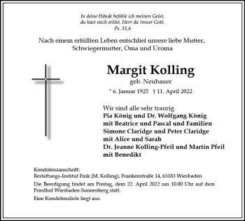 Traueranzeige von Margit Kolling von vrm-trauer Wiesbadener Kurier