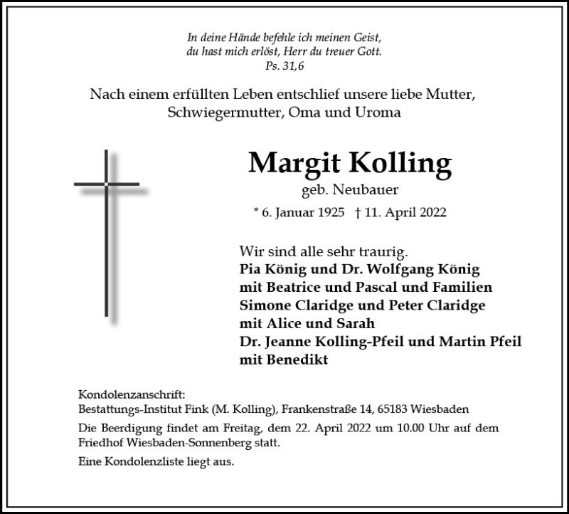  Traueranzeige für Margit Kolling vom 16.04.2022 aus vrm-trauer Wiesbadener Kurier