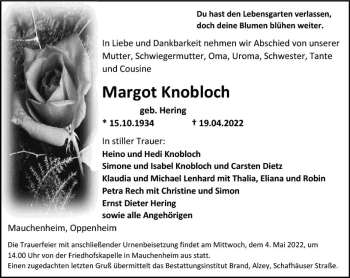 Traueranzeige von Margot Knobloch von vrm-trauer Allgemeine Zeitung Alzey