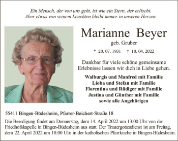 Traueranzeige von Marianne Beyer von vrm-trauer Allgemeine  Zeitung Ingelheim-Bingen