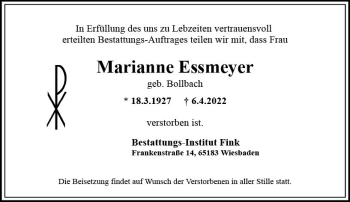 Traueranzeige von Marianne Essmeyer von vrm-trauer Wiesbadener Kurier