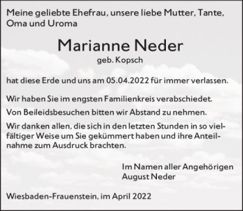Traueranzeige von Marianne Neder von vrm-trauer Wiesbadener Kurier