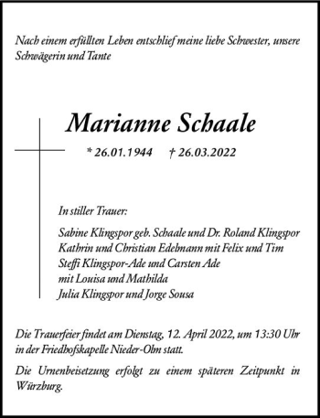 Traueranzeige von Marianne Schaale von vrm-trauer AZ Mainz