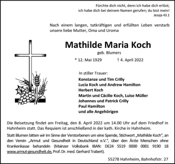 Traueranzeige von Mathilde Maria Koch von vrm-trauer AZ Mainz