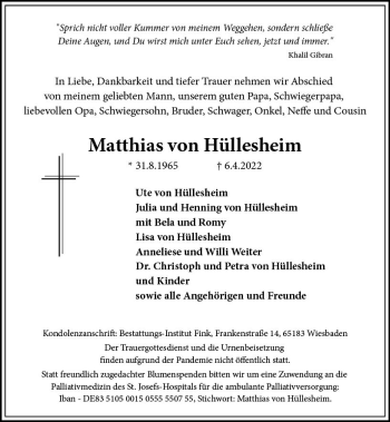Traueranzeige von Matthias von Hüllesheim von vrm-trauer Wiesbadener Kurier