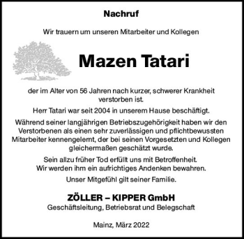 Traueranzeige von Mazen Tatari von vrm-trauer Rüsselsheimer Echo / MainSpitze