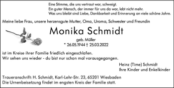 Traueranzeige von Monika Schmidt von vrm-trauer Wiesbadener Kurier