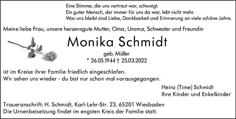  Traueranzeige für Monika Schmidt vom 02.04.2022 aus vrm-trauer Wiesbadener Kurier