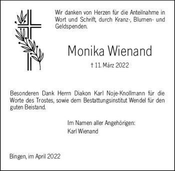 Traueranzeige von Monika Wienand von vrm-trauer Allgemeine  Zeitung Ingelheim-Bingen