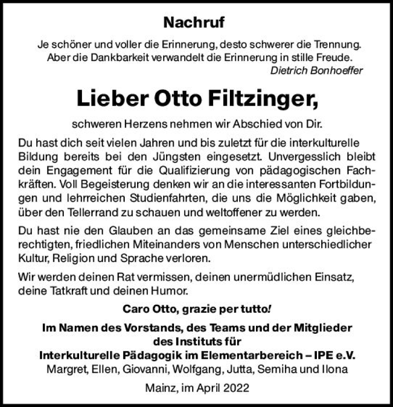  Traueranzeige für Otto Filtzinger vom 30.04.2022 aus vrm-trauer AZ Mainz