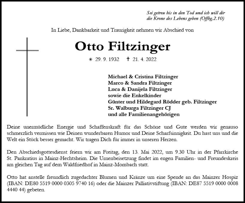  Traueranzeige für Otto Filtzinger vom 30.04.2022 aus vrm-trauer AZ Mainz