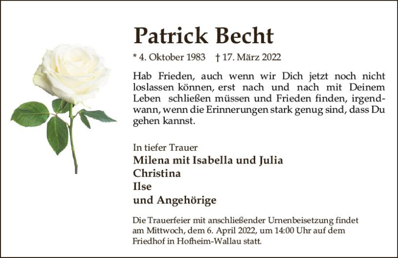 Traueranzeige für Patrick Becht vom 02.04.2022 aus vrm-trauer Wiesbadener Kurier