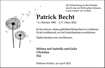 Traueranzeige von Patrick Becht von vrm-trauer Wiesbadener Kurier