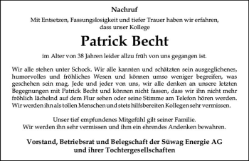 Traueranzeige von Patrick Becht von vrm-trauer Wiesbadener Kurier