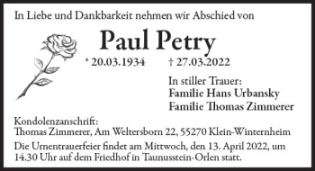 Traueranzeige von Paul Petry von vrm-trauer Wiesbadener Kurier