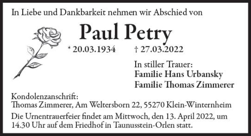  Traueranzeige für Paul Petry vom 09.04.2022 aus vrm-trauer Wiesbadener Kurier