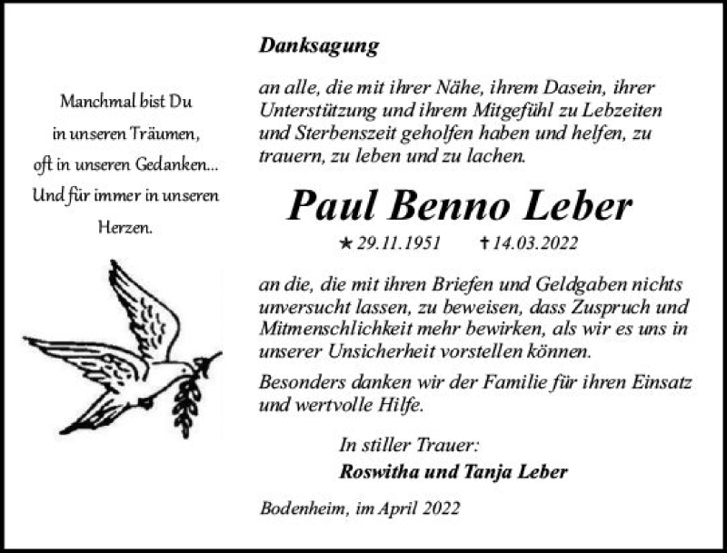  Traueranzeige für Paul Benno Leber vom 09.04.2022 aus vrm-trauer AZ Mainz