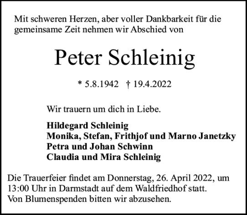  Traueranzeige für Peter Schleinig vom 23.04.2022 aus vrm-trauer Darmstädter Echo