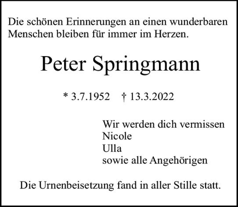  Traueranzeige für Peter Springmann vom 16.04.2022 aus vrm-trauer Darmstädter Echo