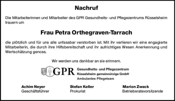 Traueranzeige von Petra Orthegraven-Tarrach von vrm-trauer Rüsselsheimer Echo / MainSpitze