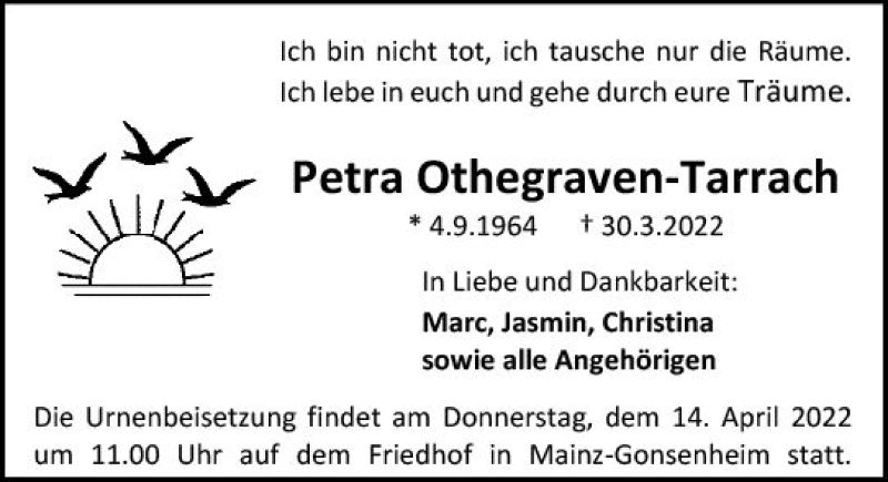  Traueranzeige für Petra Othegraven-Tarrach vom 09.04.2022 aus vrm-trauer AZ Mainz
