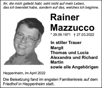 Traueranzeige von Rainer Mazzucco von vrm-trauer Bürstädter/Lamperth. Ztg/Starkenburger
