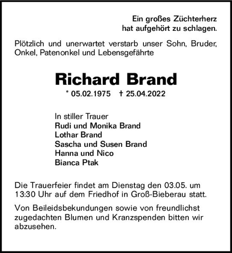  Traueranzeige für Richard Brand vom 30.04.2022 aus vrm-trauer Darmstädter Echo
