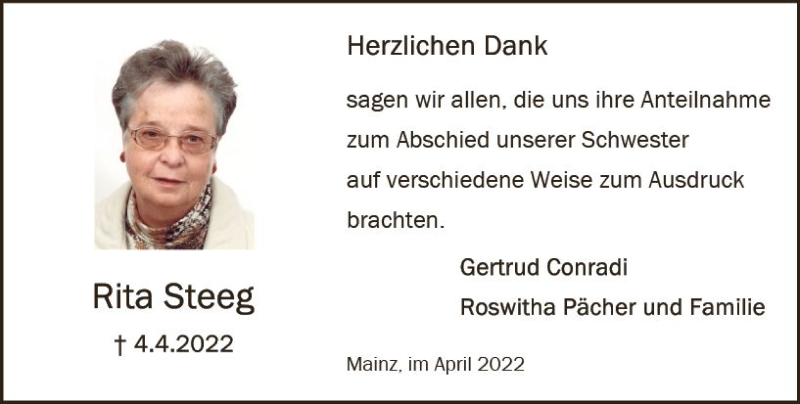  Traueranzeige für Rita Steeg vom 30.04.2022 aus vrm-trauer AZ Mainz