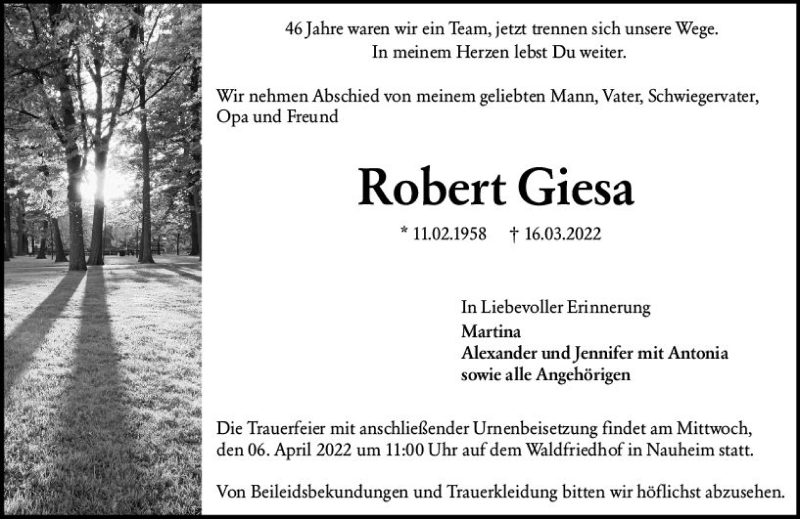  Traueranzeige für Robert Giesa vom 02.04.2022 aus vrm-trauer Rüsselsheimer Echo / MainSpitze