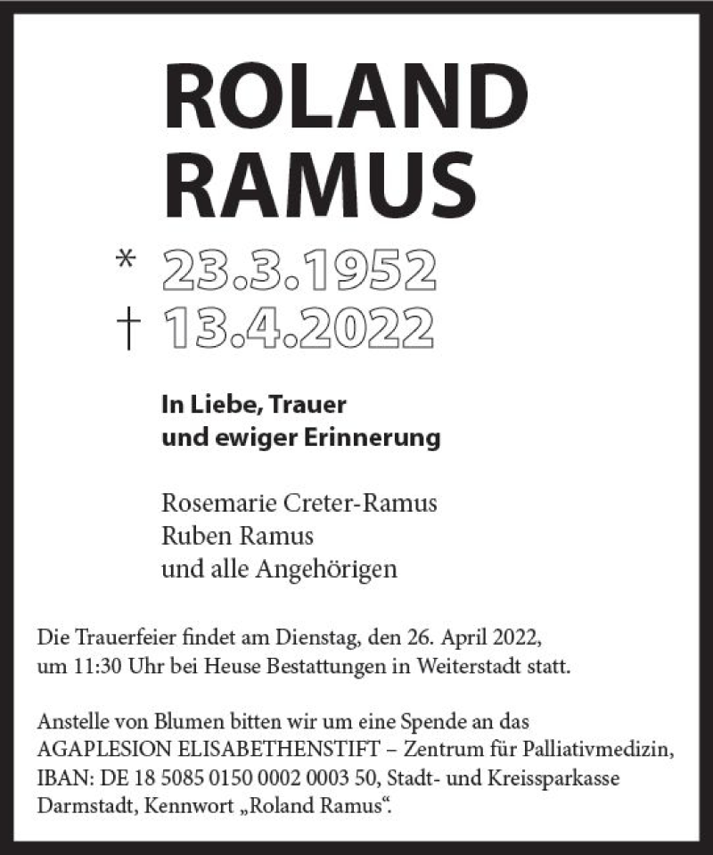  Traueranzeige für Roland Ramus vom 23.04.2022 aus vrm-trauer Darmstädter Echo