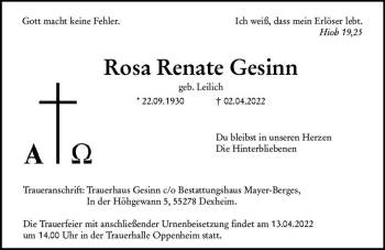 Traueranzeige von Rosa Renate Gesinn von vrm-trauer AZ Mainz