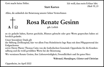Traueranzeige von Rosa Renate Gesinn von vrm-trauer AZ Mainz