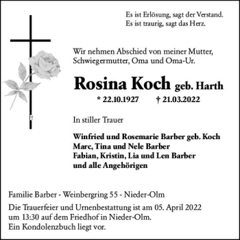 Traueranzeige von Rosina Koch von vrm-trauer AZ Mainz
