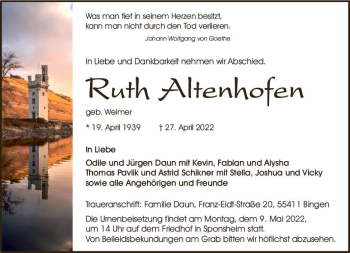 Traueranzeige von Ruth Altenhofen von vrm-trauer Allgemeine  Zeitung Ingelheim-Bingen