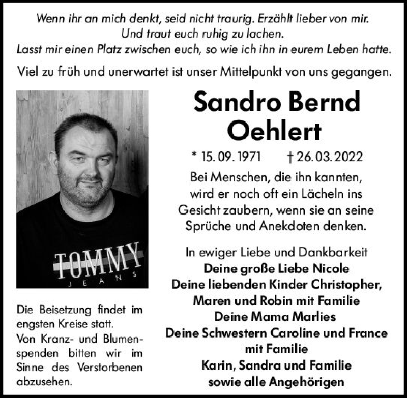  Traueranzeige für Sandro Bernd Oehlert vom 02.04.2022 aus vrm-trauer Darmstädter Echo