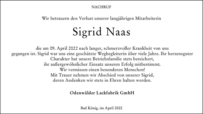  Traueranzeige für Sigrid Naas vom 23.04.2022 aus vrm-trauer Odenwälder Echo