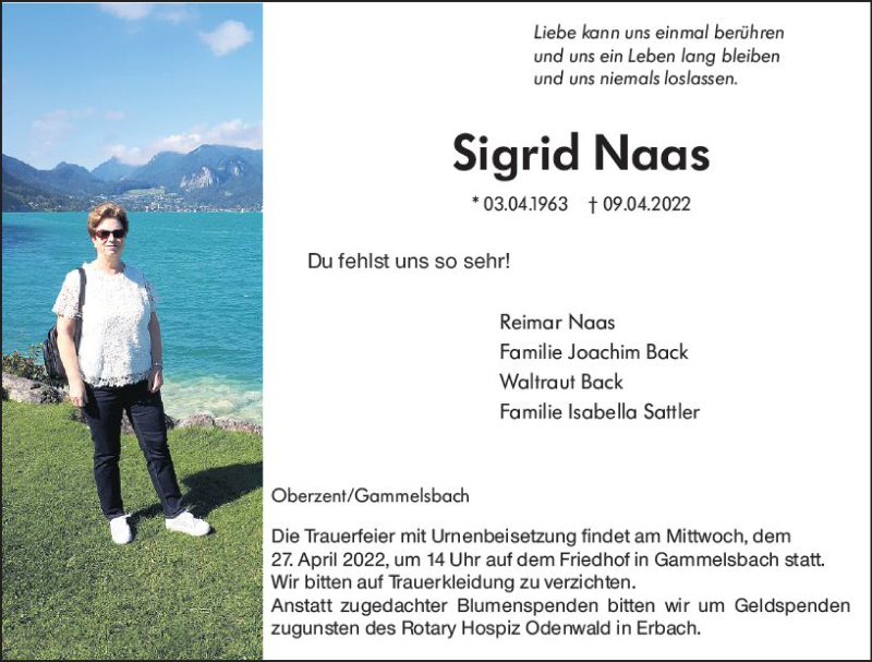  Traueranzeige für Sigrid Naas vom 23.04.2022 aus vrm-trauer Odenwälder Echo