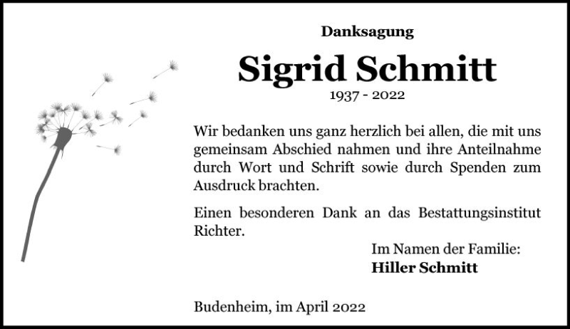  Traueranzeige für Sigrid Schmitt vom 30.04.2022 aus vrm-trauer AZ Mainz