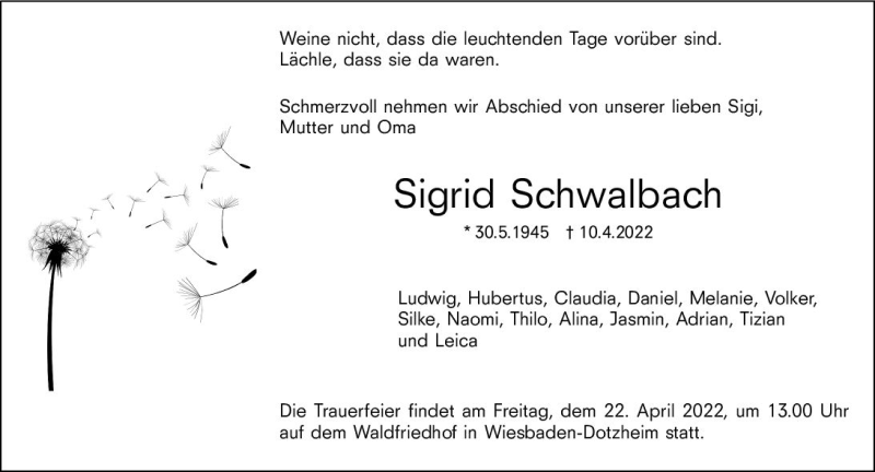  Traueranzeige für Sigrid Schwalbach vom 16.04.2022 aus vrm-trauer Wiesbadener Kurier