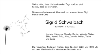 Traueranzeige von Sigrid Schwalbach von vrm-trauer Wiesbadener Kurier